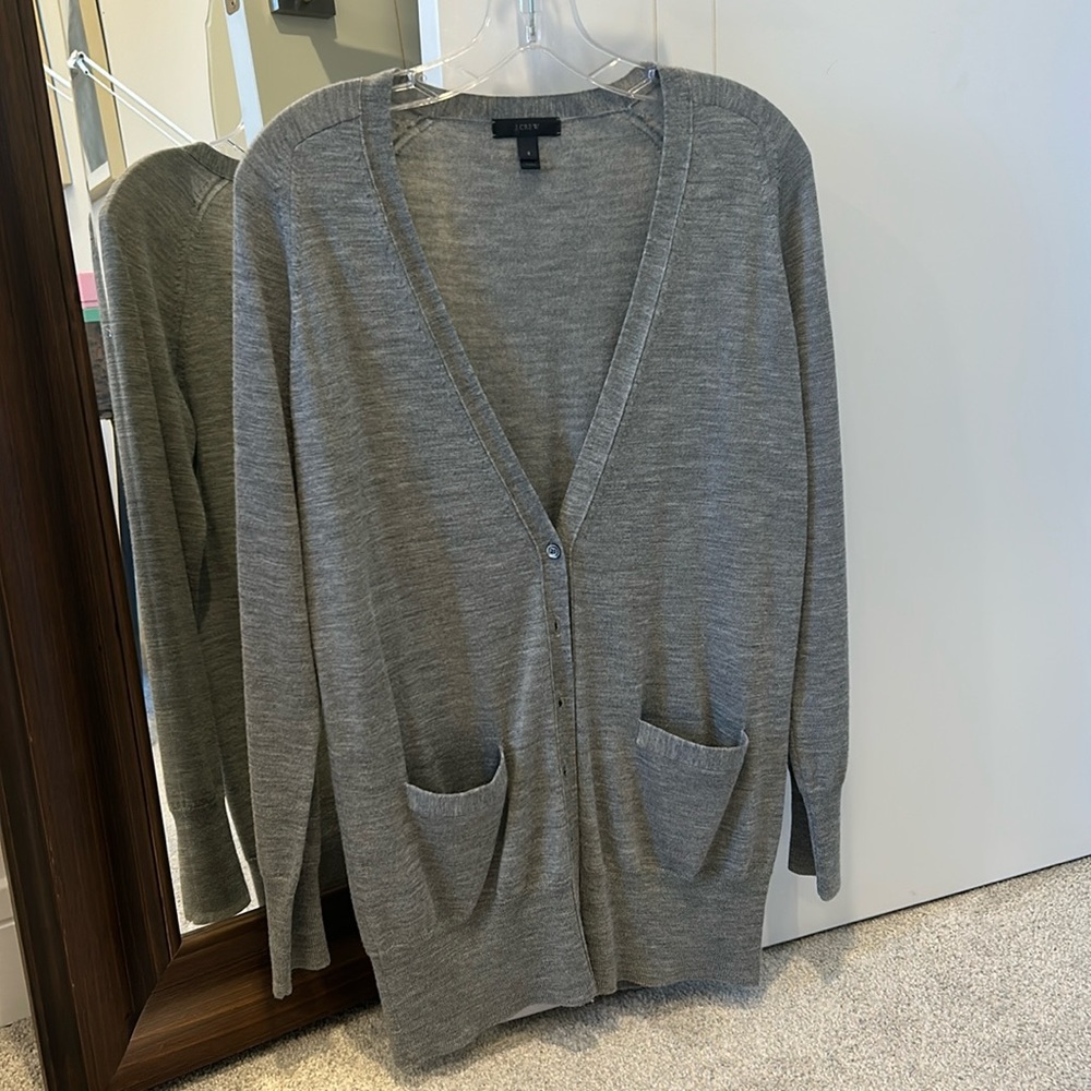 J. Crew long cardigan sweater in gray. Fine knit, 100% merino wool, size small.
